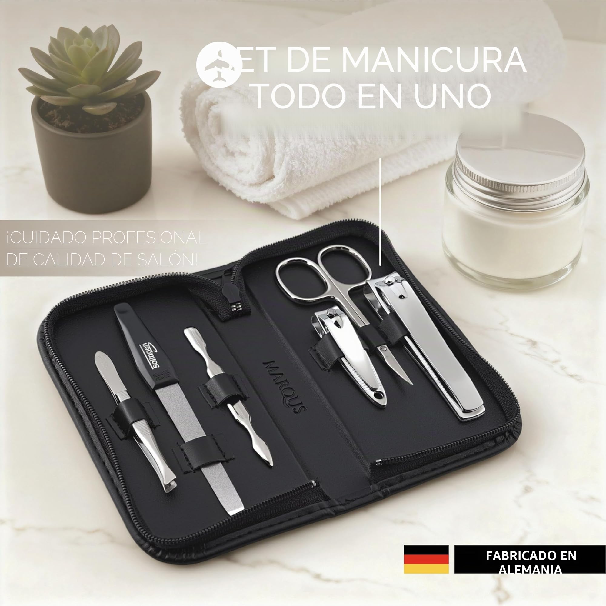 marQus - Estuche manicura hombre y mujer con 6 piezas de acero niquelado en acabado pulido brillante, fabricado en Alemania - Set ideal para viaje