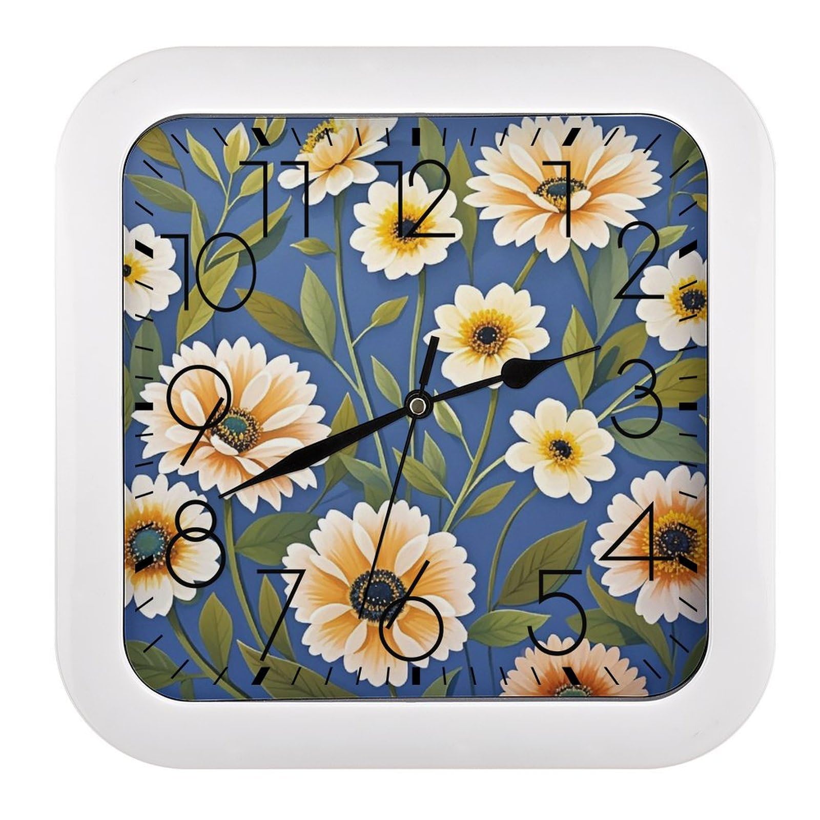 LZQPOEAS Flowers on Background Wall Clock Fashionable Versatile Silent Wall Clock Simple Elegant Non Ticking Analog Clocks Easy to Install Square Modern Clocks for Home Decoration