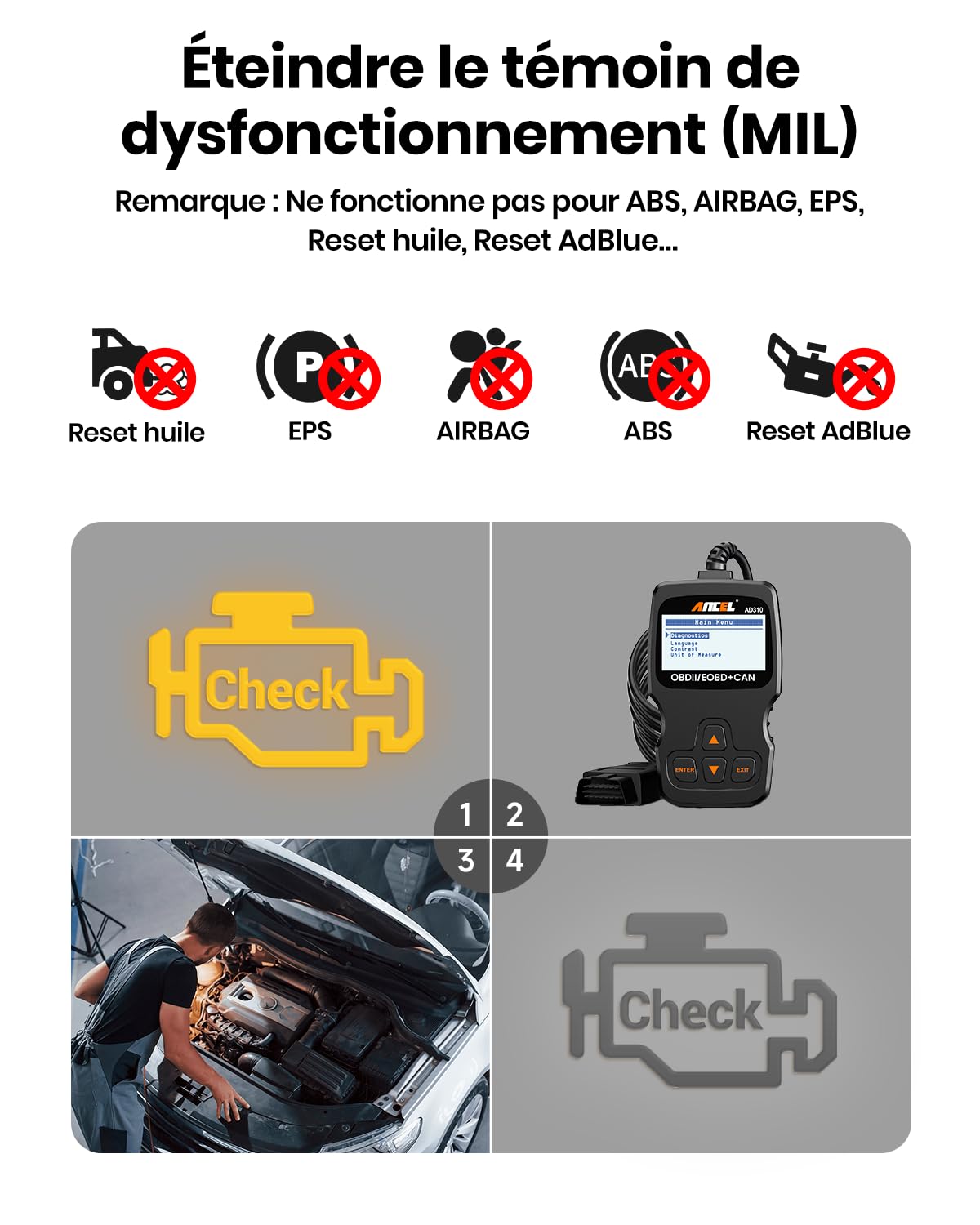 Ancel AD310 Valise Diagnostic Auto Multimarque, Universel OBD2 Diagnostic Voiture Français, Lecteur de Code d'erreur de Moteur, Valise Effacer Defaut Voiture pour BMW Peugeot VW Véhicules après 2000