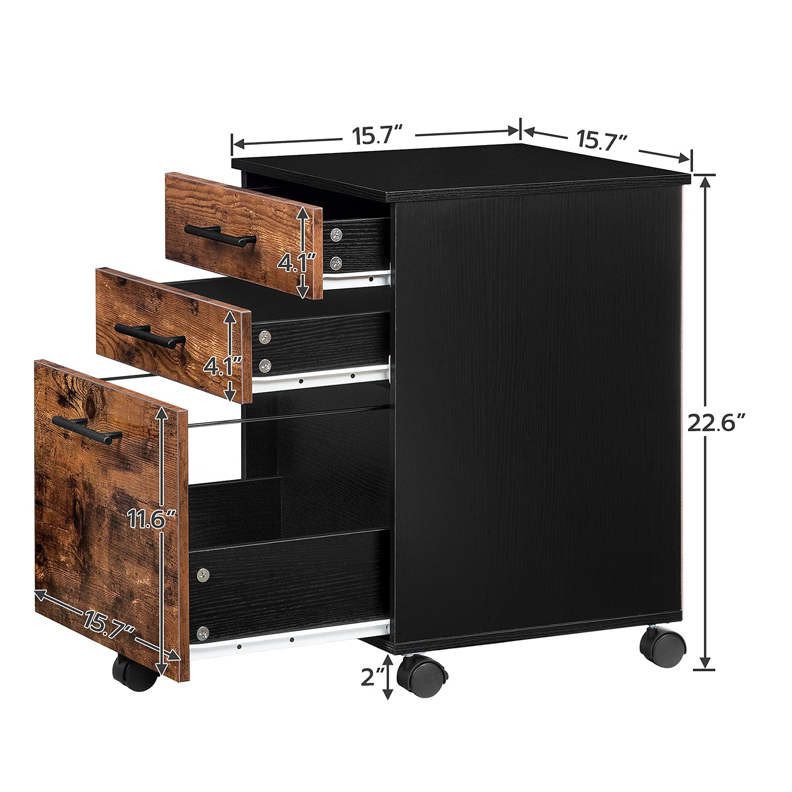 HOOBRO 3 Drawers File Cabinet, Rolling Filing Cabinet, Office Cabinet for Home Office, Mobile Pedestal on 5 Wheels, for A4, Letter Size, Hanging File Folders, Rustic Brown and Black BF02WJ01G1