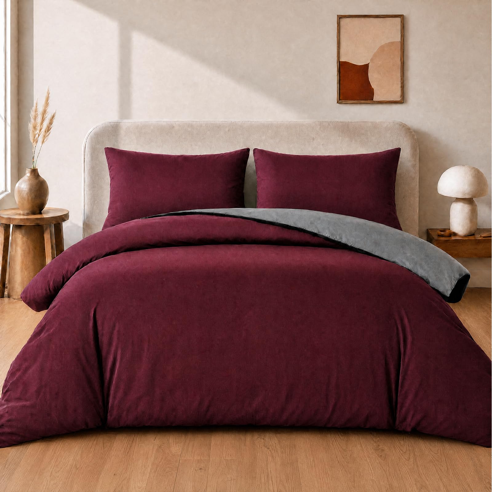 VelvetMis King Size Duvet Cover Set - 3Pcs Reversible Bedding Bed Set Burgundy Red And Grey Kingsize Microfiber Quilt Cover With 2 Pillowcases 50x75cm
