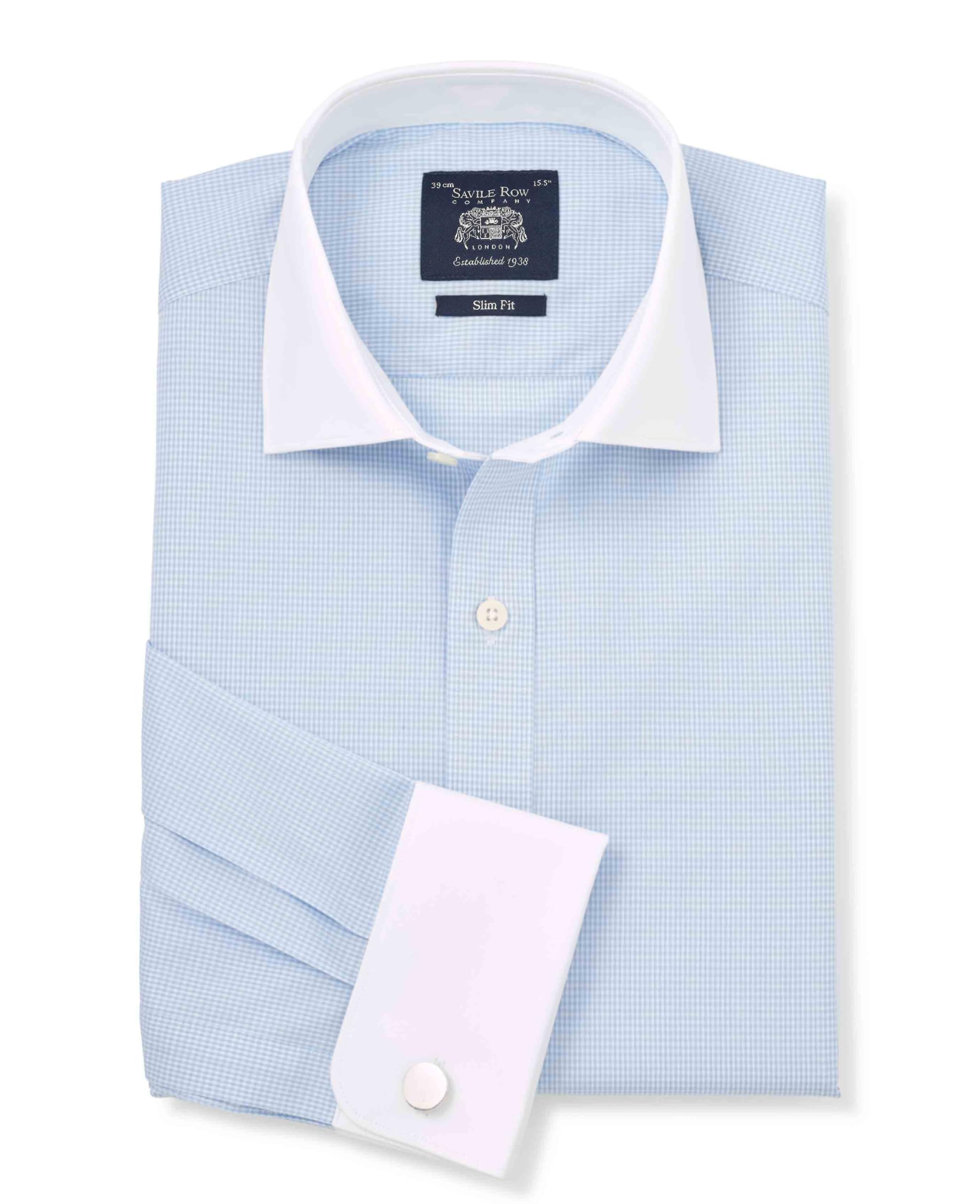 The Savile Row Company London Men's Sky Blue Gingham Check / White Collar & Cuffs Slim Fit Cotton Poplin Long Sleeve Winchester Shirt - Double Cuff - 16.5" Collar - Standard