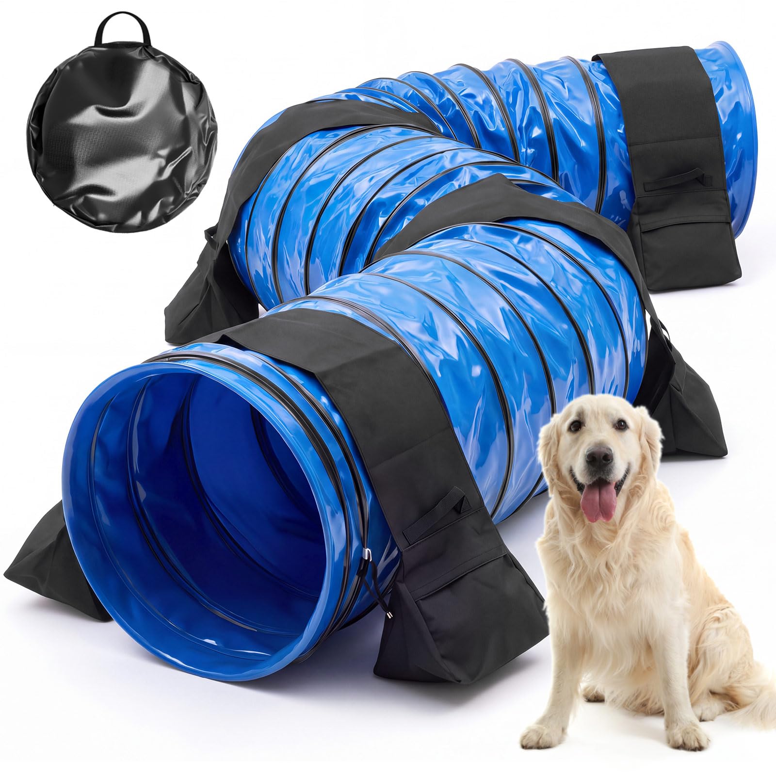 Briwooody 24 in 16 Foot PVC Dog Agility Tunnel with Sandbags Dogs Agility Training Equipment Tunnel with 4 Pack Sandbags, Carry Bag and 4 Ground Spikes for All Medium Large Dogs(Blue)
