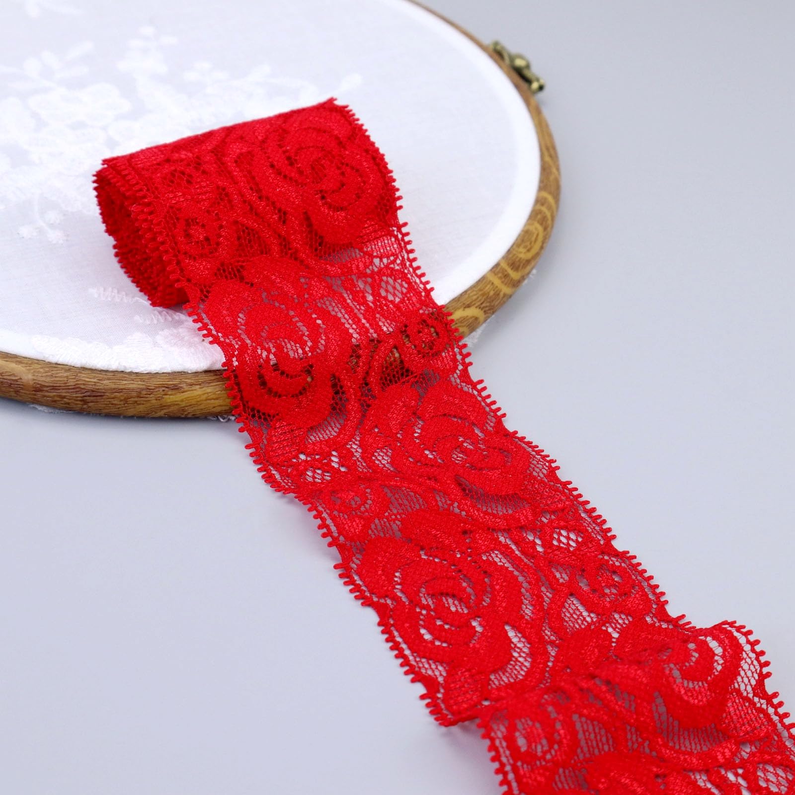 ZNZAKKA Red Elastic Lace Trim Floral Stretch Lace Ribbon for