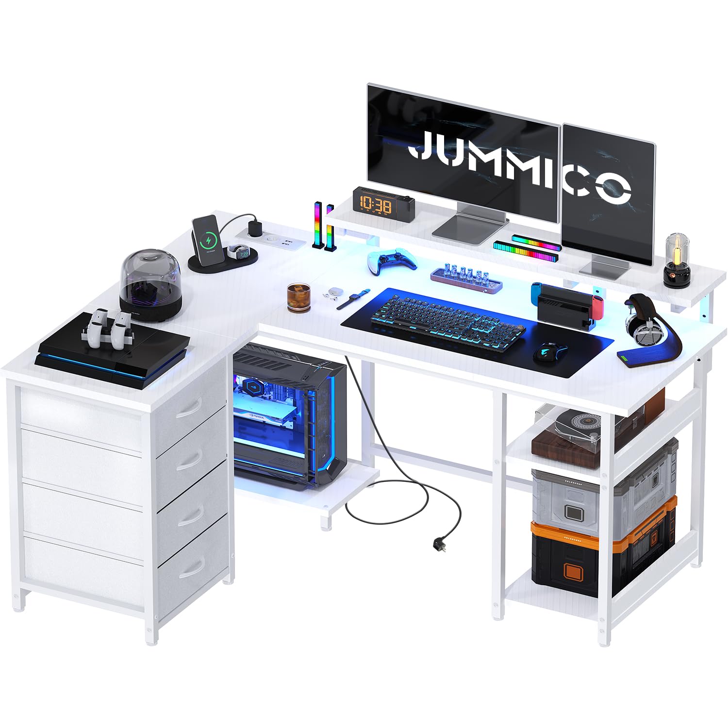 JUMMICO 135cm Mesa en Forma L con Luces LED, Escritorio de Esquina Ordenador para Home Office, Mesa Gaming con Estantes de Almacenamiento, Esquina Reversible y Estructura Estable, Blanco Carbón | Escritorio Gaming Tomas de Corriente y Puertos USB, Escrito