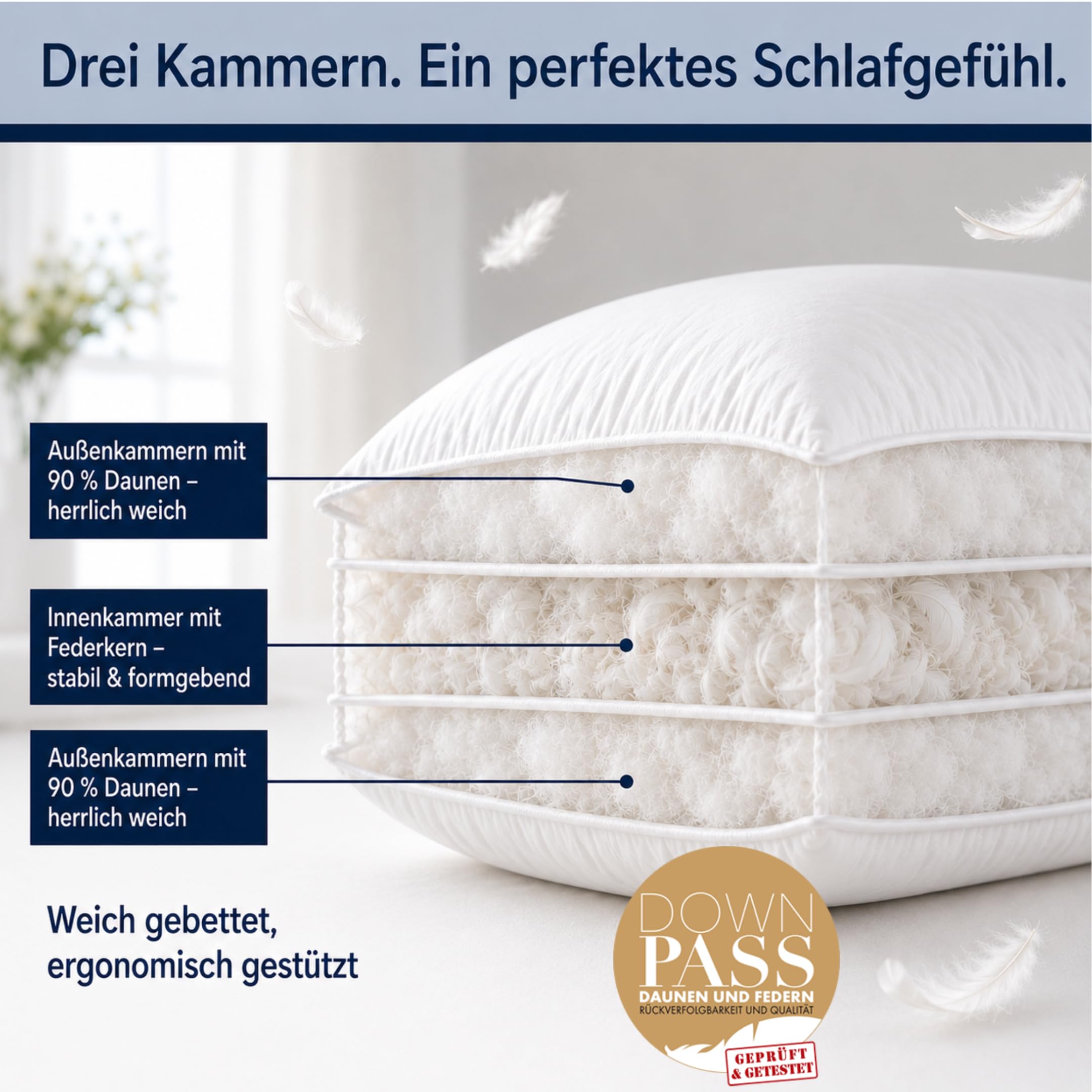 3-Kammer Daunenkissen 80x80 cm 2er Set -Kopfkissen Made in Germany | Kopfkissen 80x80 Daunen | Kissen Allergiker (NOMITE) | Federkissen 80 x 80 cm | Tierwohl (DOWNPASS) | OEKO-TEX Klasse 1