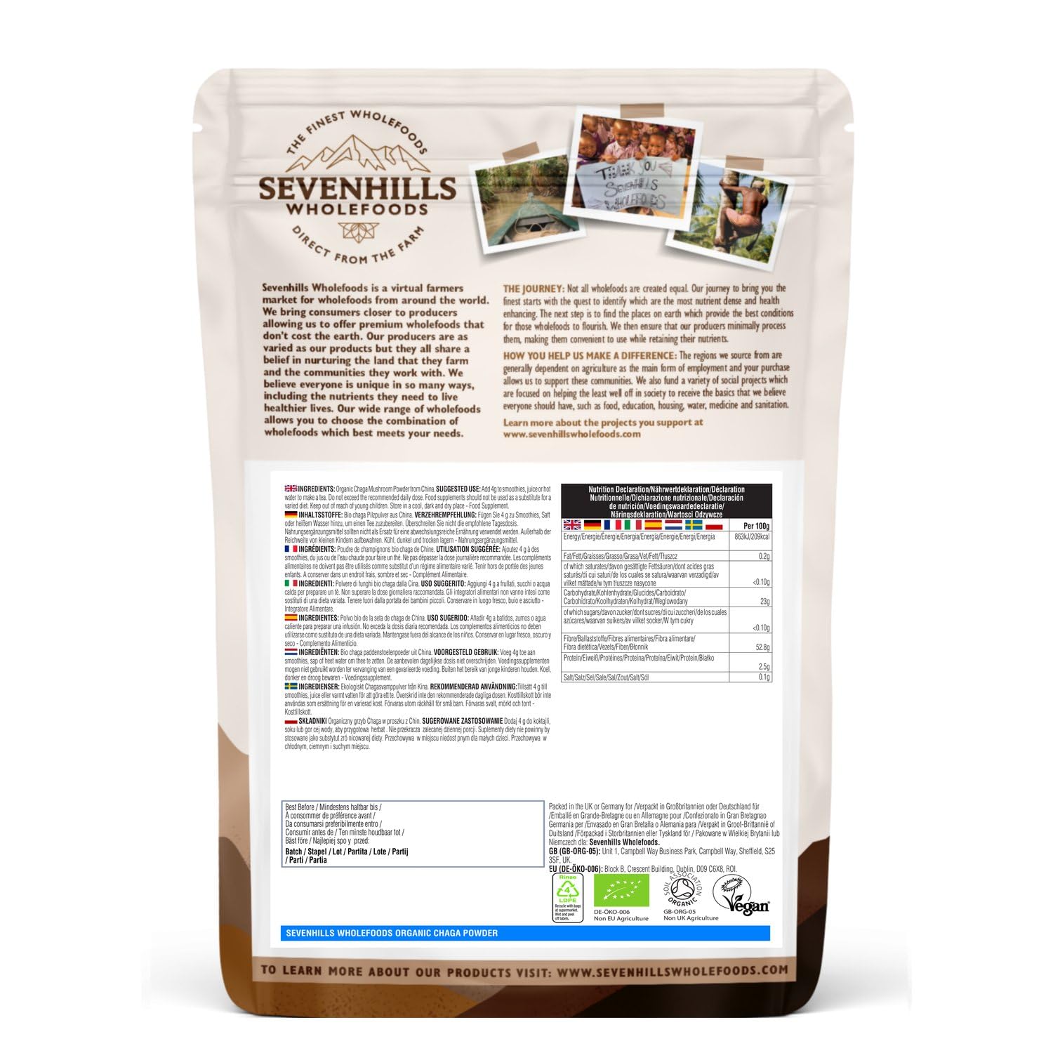 Sevenhills Wholefoods Champiñones Chaga Orgánicos En Polvo 200g