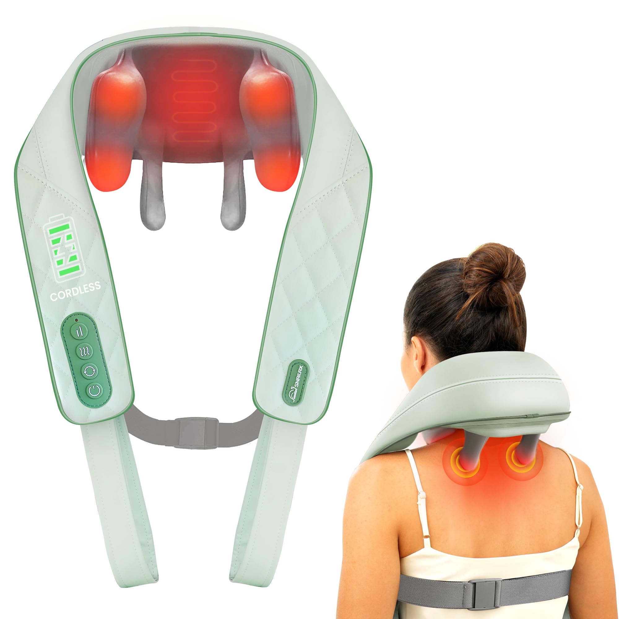Snailax 4D Kabelloses Nackenmassagegerät mit Wärme, Shiatsu-Nackenmassagegerät mit Knet Massage, elektrisches Massagegerät für Nacken Schulter Rücken Bein, Geschenke, Grün