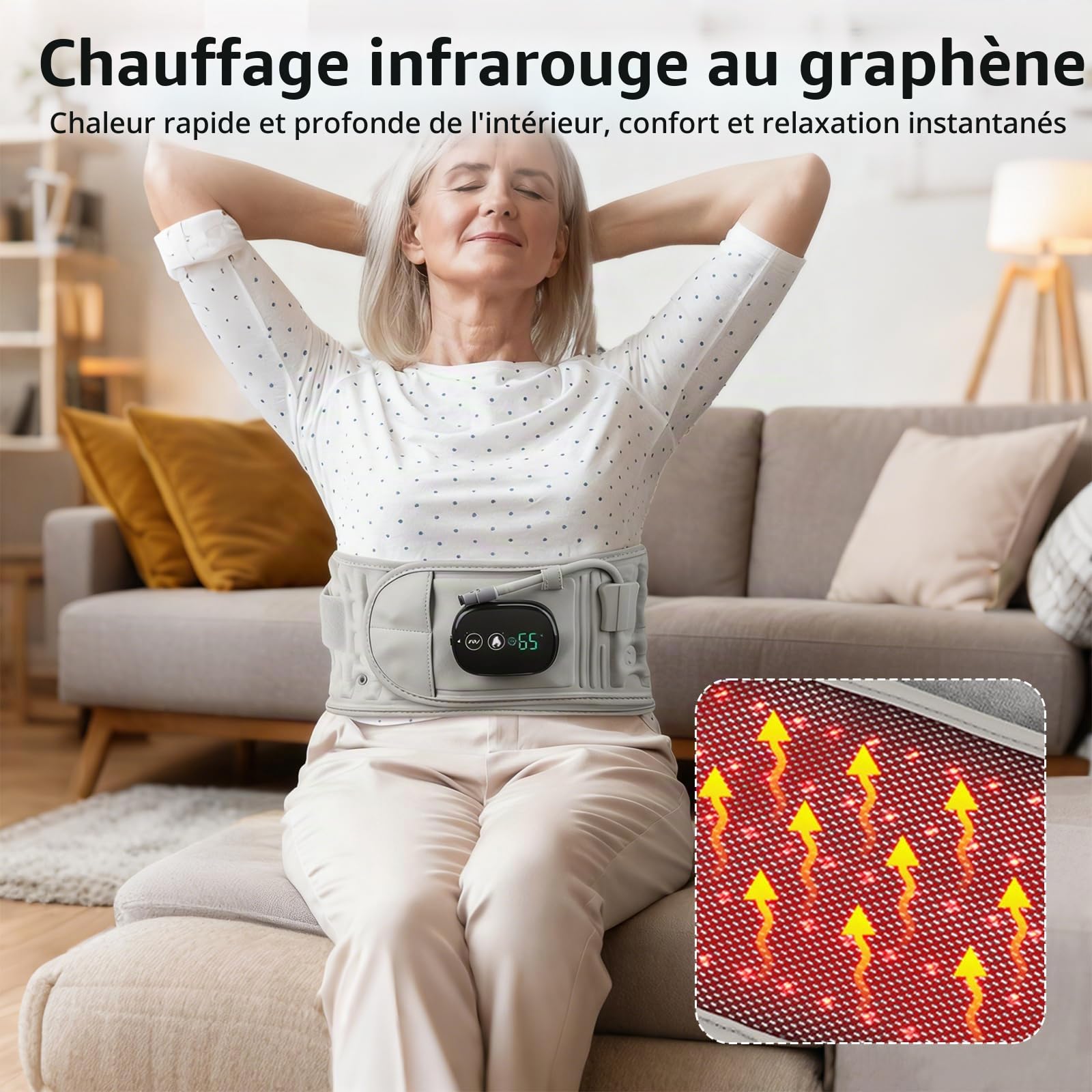 Ceinture de massage de compression avec chaleur rouge - Ceinture de soins du dos 3 en 1 avec traction lombaire gonflable, 3 modes de chauffage et de massage, pour réduire la pression et soulager les