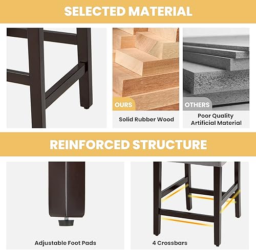 Miniatura 7 de COSTWAY Juego de 4 taburetes de bar, sillas tapizadas de lino con patas de madera de goma maciza, sillas de bar de madera para isla de cocina de 25