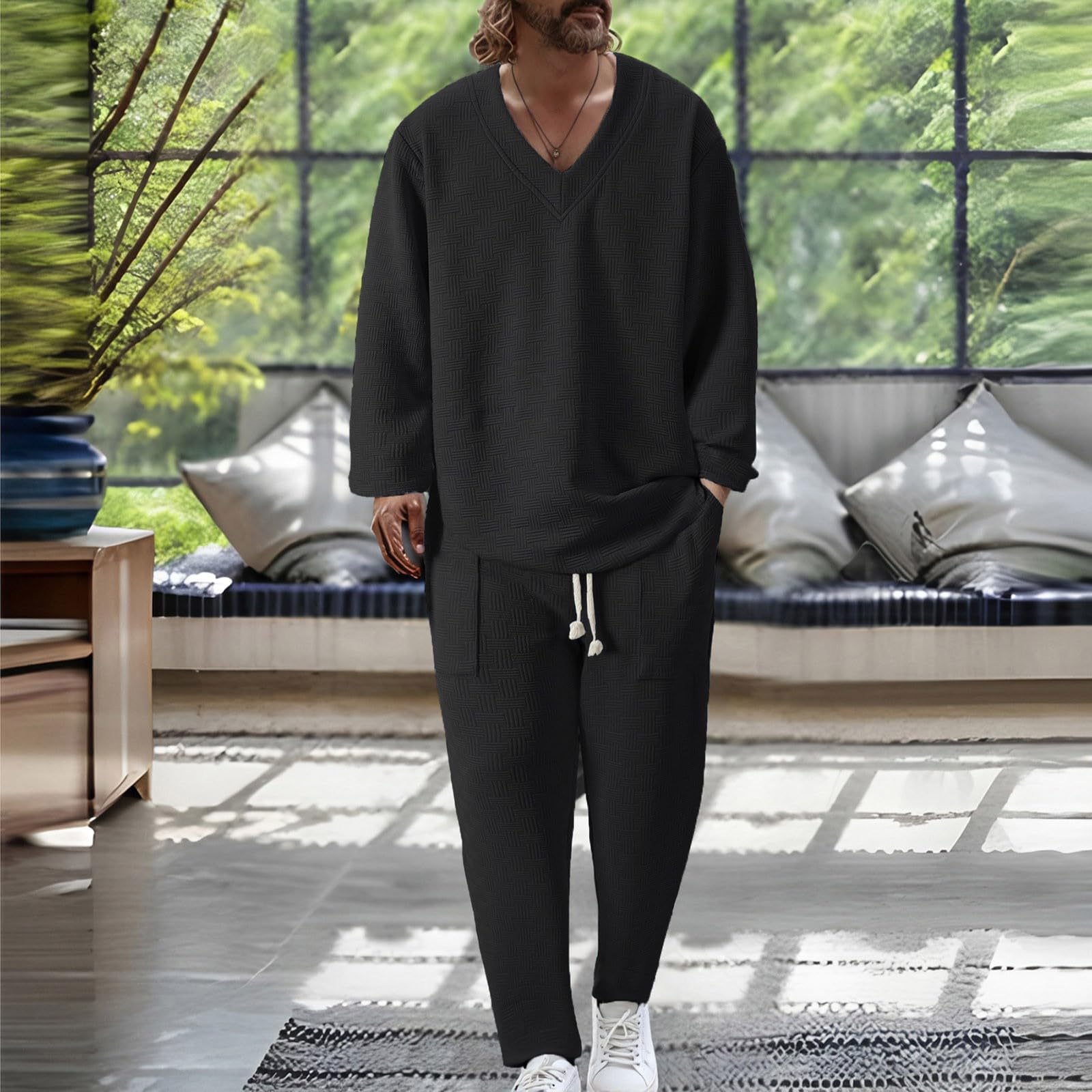 Conjunto de traje casual para hombre, monocolor, informal, con textura, traje de jogging de 2 piezas, estilo urbano, traje de casa, cuello en V, camiseta de manga larga y pantalones casuales para