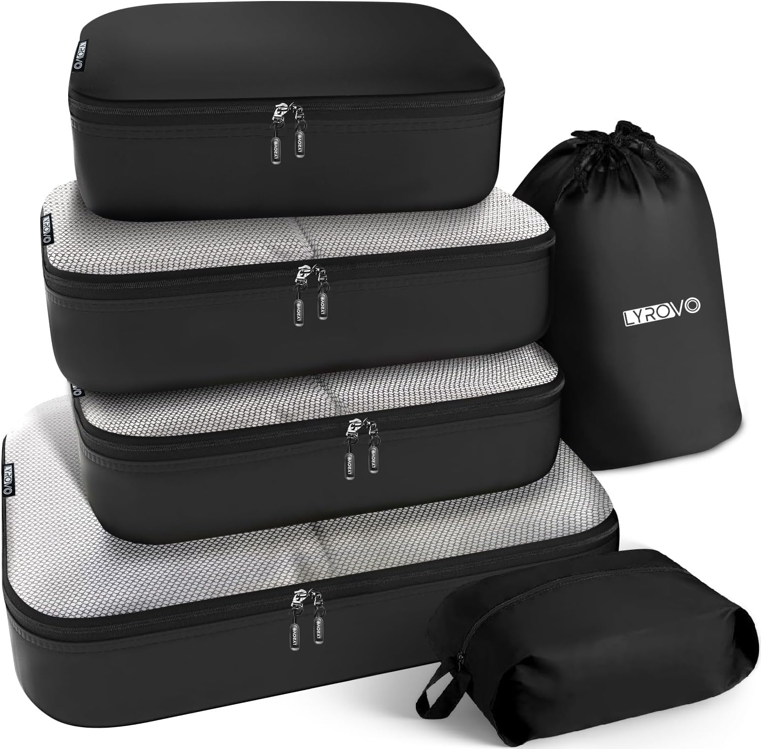 LyrovoPolyester 6 Set Packing Cubes Travel Accessories Organizers (Black12 Cm, 5 Cm)