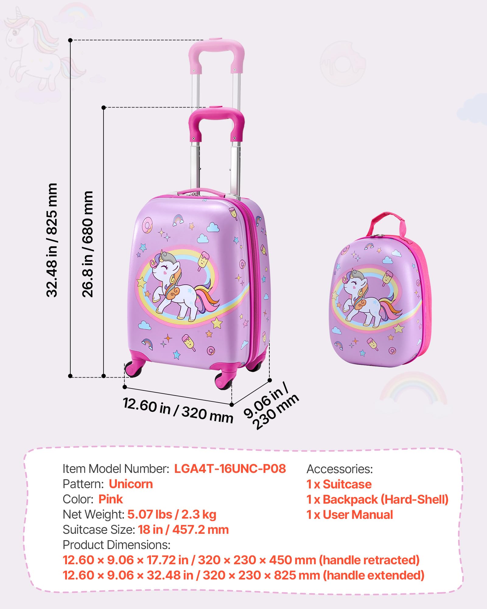 VEVOR Valise Enfant 32x23x45 cm Bagage Enfant 2 PCS avec Valise Cabine à roulettes Pivotantes pour Enfants Fille Garçon et Sac à Dos Coque Rigide Motif Licorne, Approuvée par Compagnies Aériennes