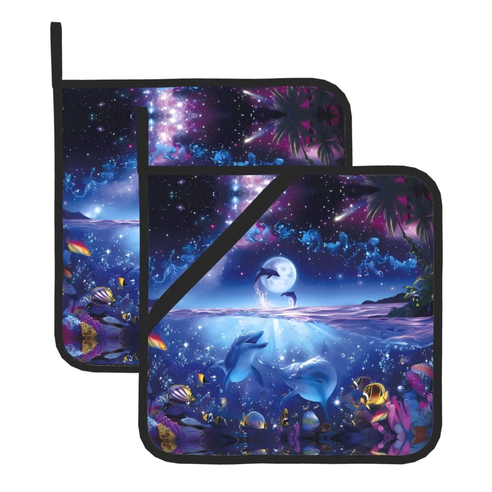 YYHHAOFA Colorful Starry Sky Ocean Dolphin Prints Square Hot Pads - Durable Kitchen Covers for Heat Resistance, Waterproof Protection & Easy Cleaning - 2-Pack with Hanging Loops