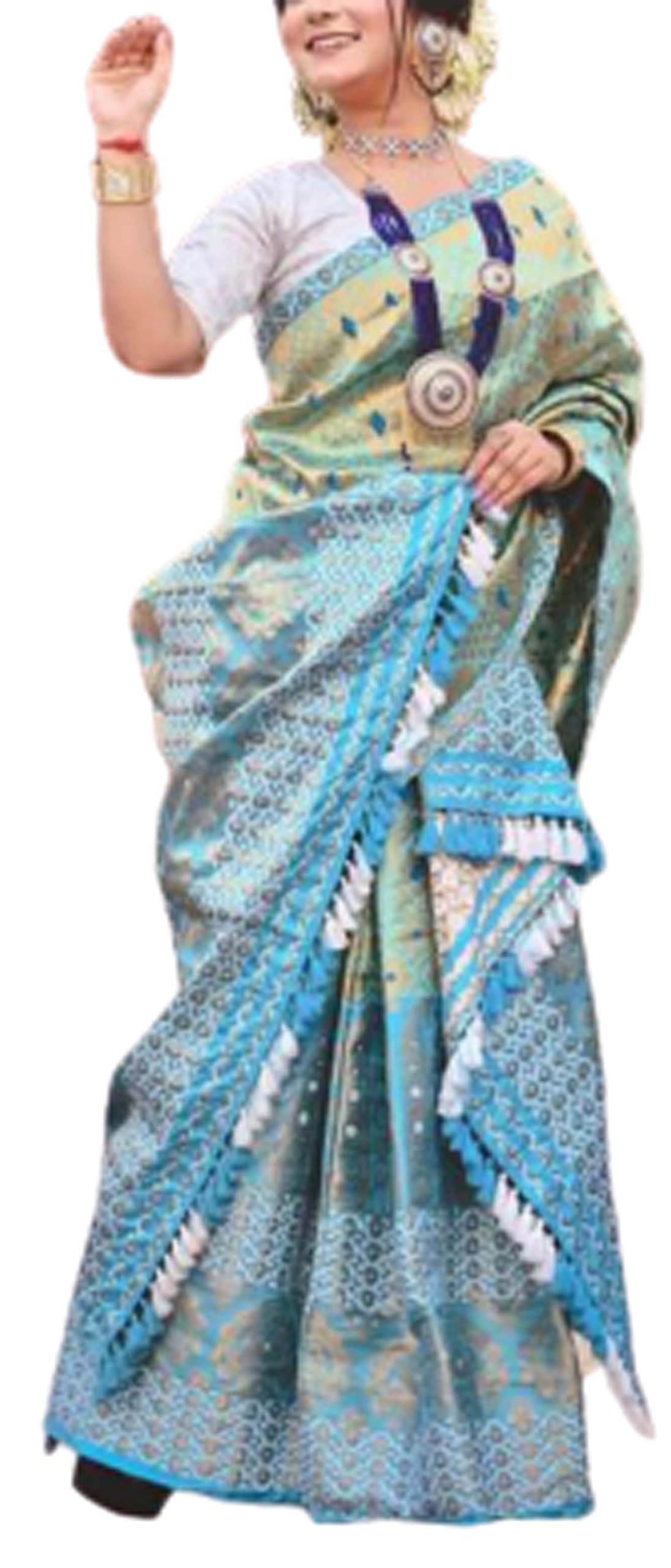 GenericWomen's Assamese Mekhela Sador Chador Pure Silk Mix Pat Zori Woven Saree- Sky Blue/Turquoise
