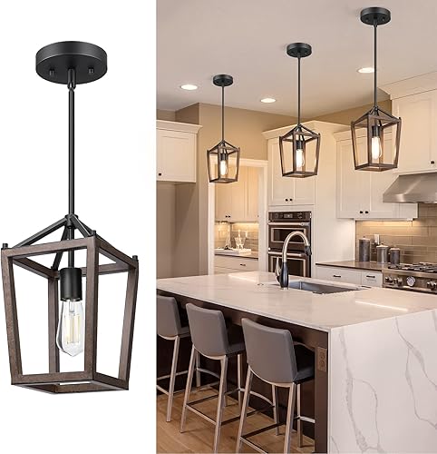 Miniatura 1 de EDISHINE Luces colgantes para isla de cocina, 1 luz, lámpara colgante de jaula de granja, madera rústica con acabado marrón, luz colgante de altura