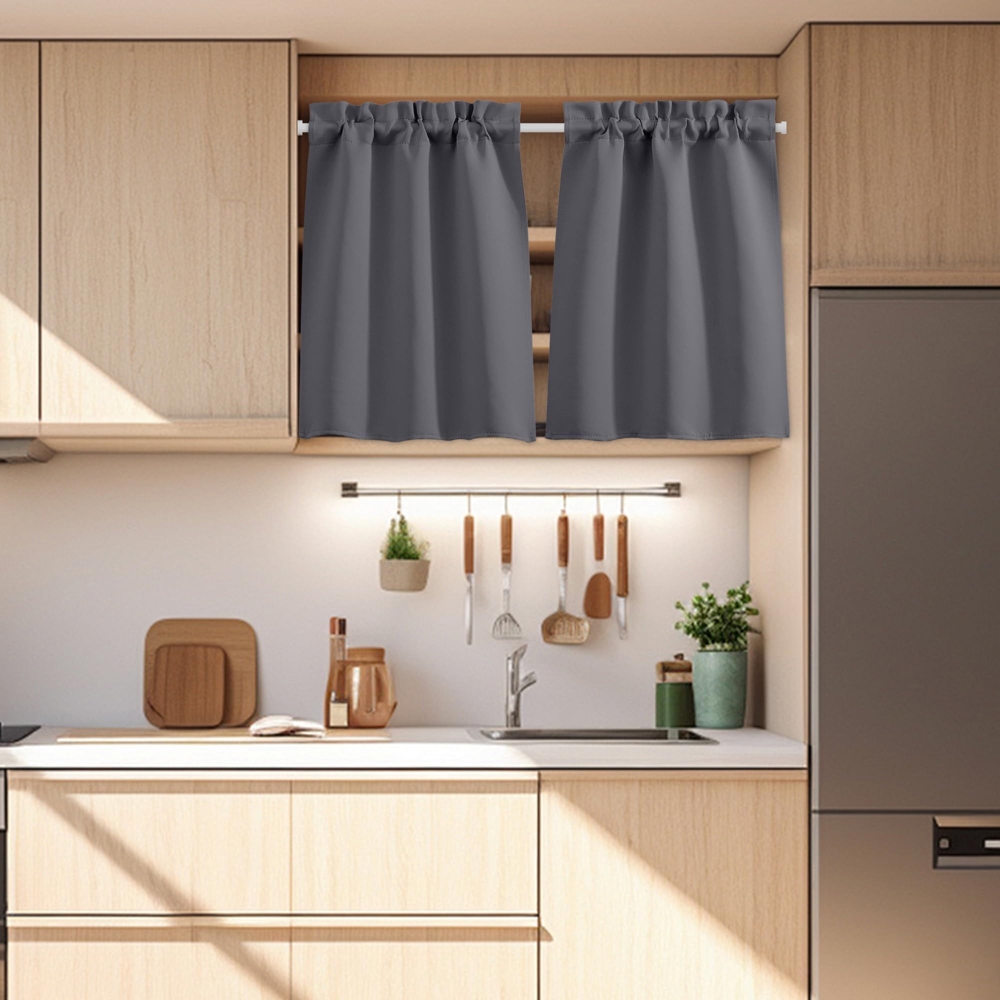 PONY DANCE Tende a Vetro per Finestra Tende Oscuranti per Cucina Corte Tendine Finestra a Vetro Blackout Curtains Termiche con Tasca 2 Pezzi 60x90 CM, Grigio
