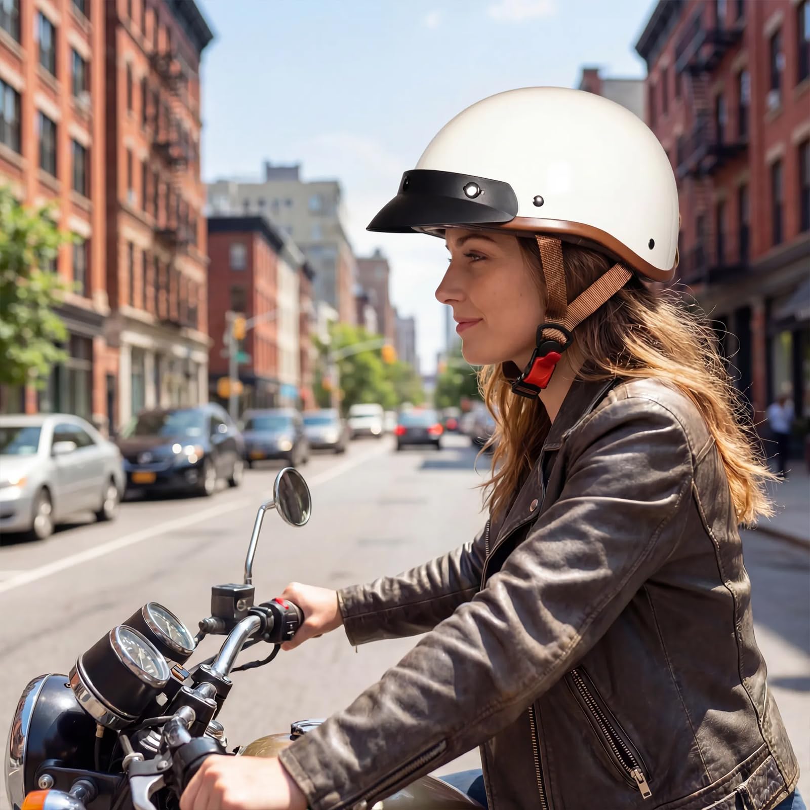 Kask motocyklowy Harley, dla dorosłych, retro, stylowy, półotwarty kask z goglami, kask otwarty, kask do motoroweru, Vespa, biały w paski z goglami