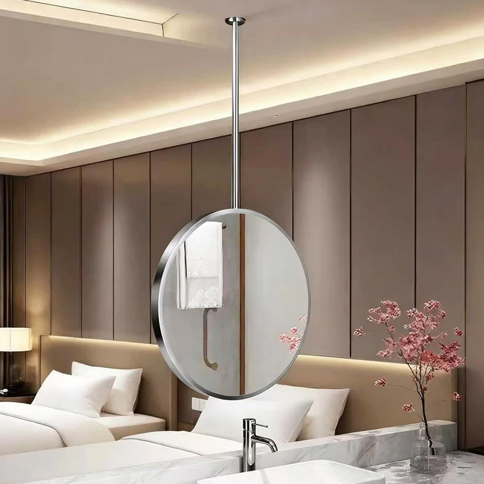 Gaommini Silver Ceiling Mounted Bathroom Mirror with Round Stainless Steel Frame, Floating Vanity Make-up Mirror for Wall Decorative, Large Circle Mirror(Diameter-40CM/15.7INCH)