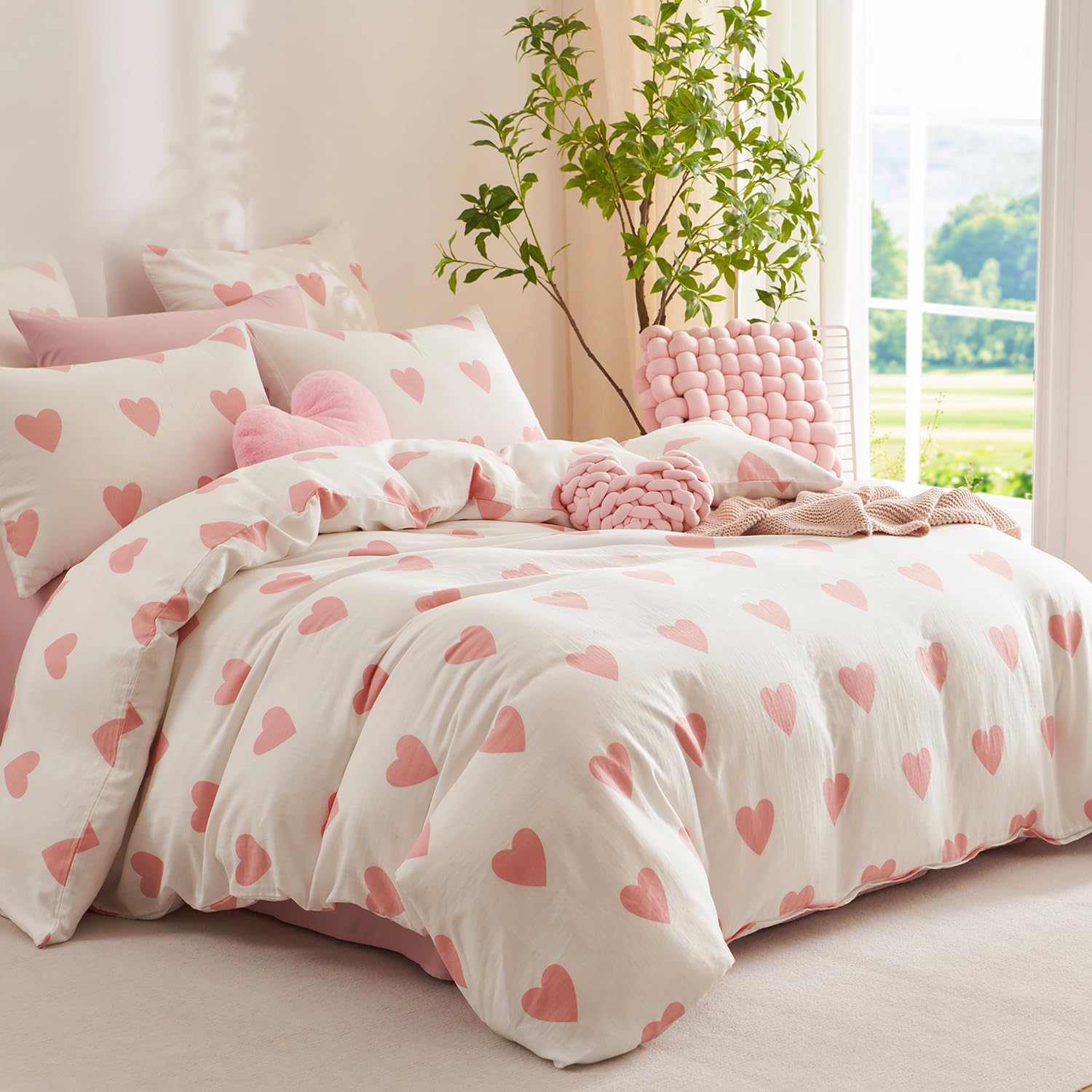 Doppelte Musselin Bettwäsche 135x200 Baumwolle Rosa Herzen Herz Weich Renforce Baumwollbettwäsche Set Herzchen Rosa Weiß ÖKO-TEX Bettbezug mit Reißverschluss und Kissenbezug 80x80 cm