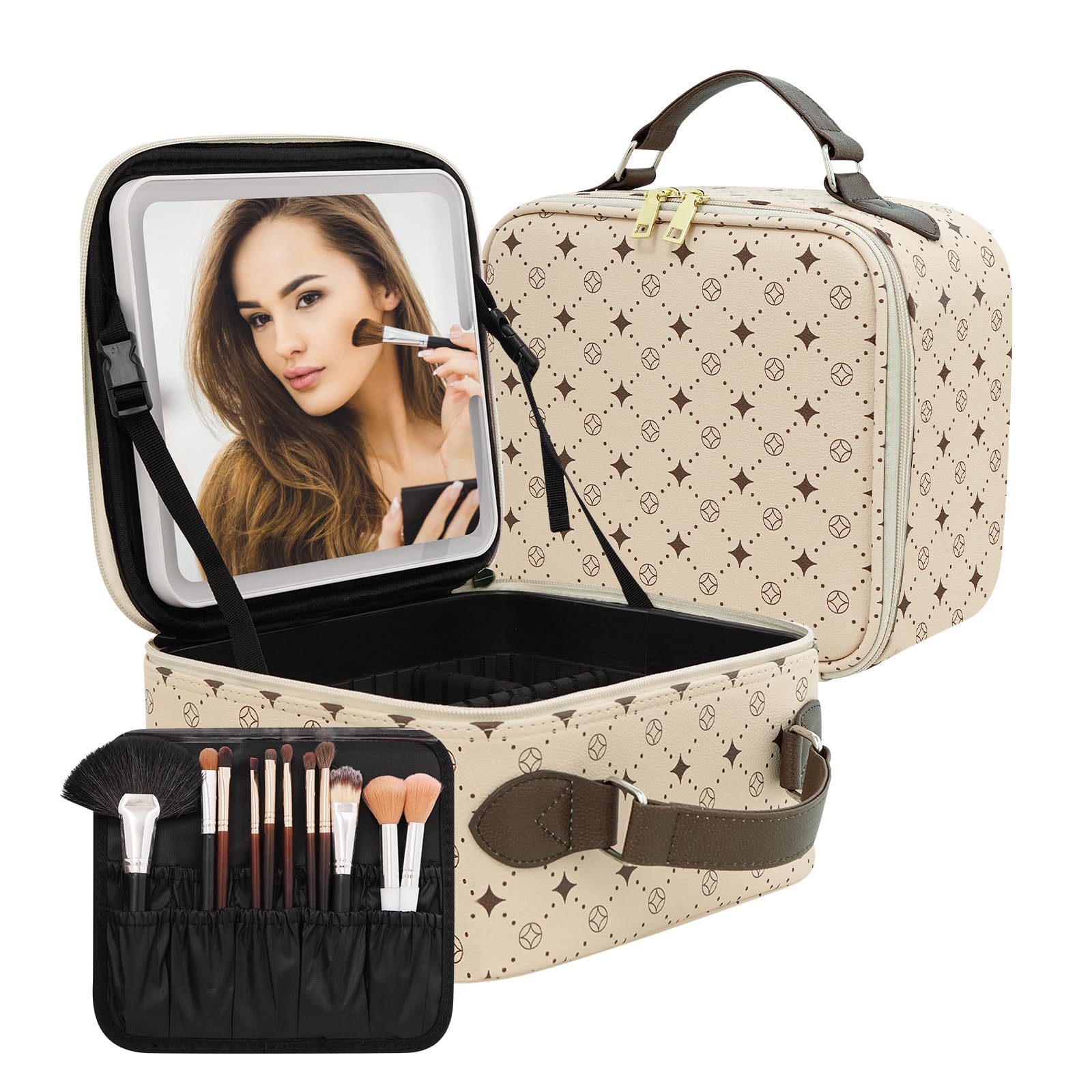 Travel Makeup Bag With 360° rotating LED Mirror,Waterproof cosmetic organizer,Portability Cosmetic case,Makeup organizer,Gift for Women,Girls Gift (