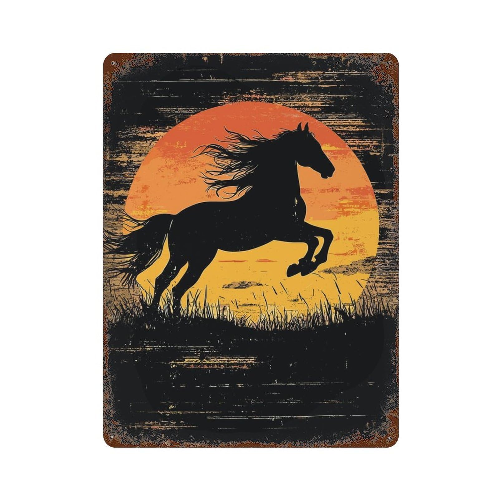 Aged Metal Wall Plaque with Black Horse Silhouette Sunset Design 15.7"x11.8", for Basement, Hobby Room And Garage Decor, Farmhouse Wall Decor