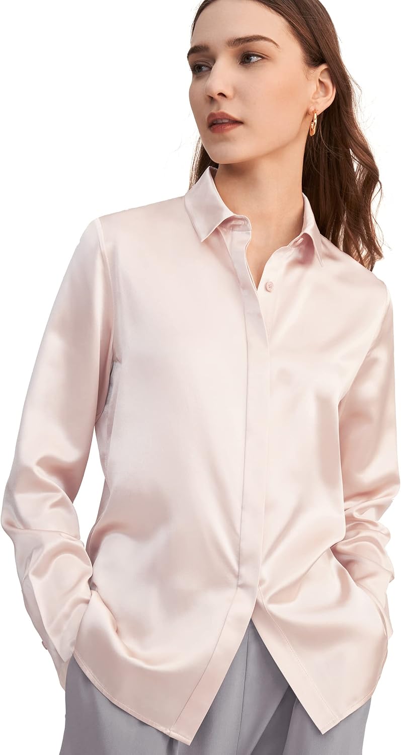 LilySilk 100% Silk Blouse for Women Button-Down Shirt 22MM Classic Luxurious Smooth Top for All Season Business Casual Light Beige X-Large
