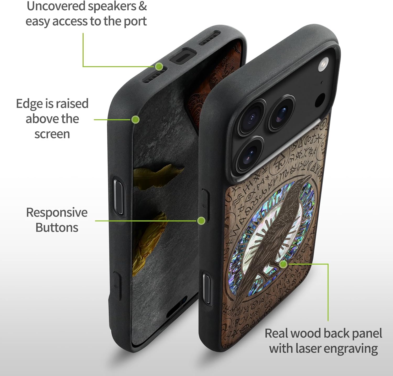 Carveit Magnetic Case for iPhone 17 Pro Max Case, Wood Artisan Engraved & Handmade Shell Inlaid, TPU Shockproof Cover, Compatible with MagSafe Wireless Chargers (The Haloed Crow-Walnut)