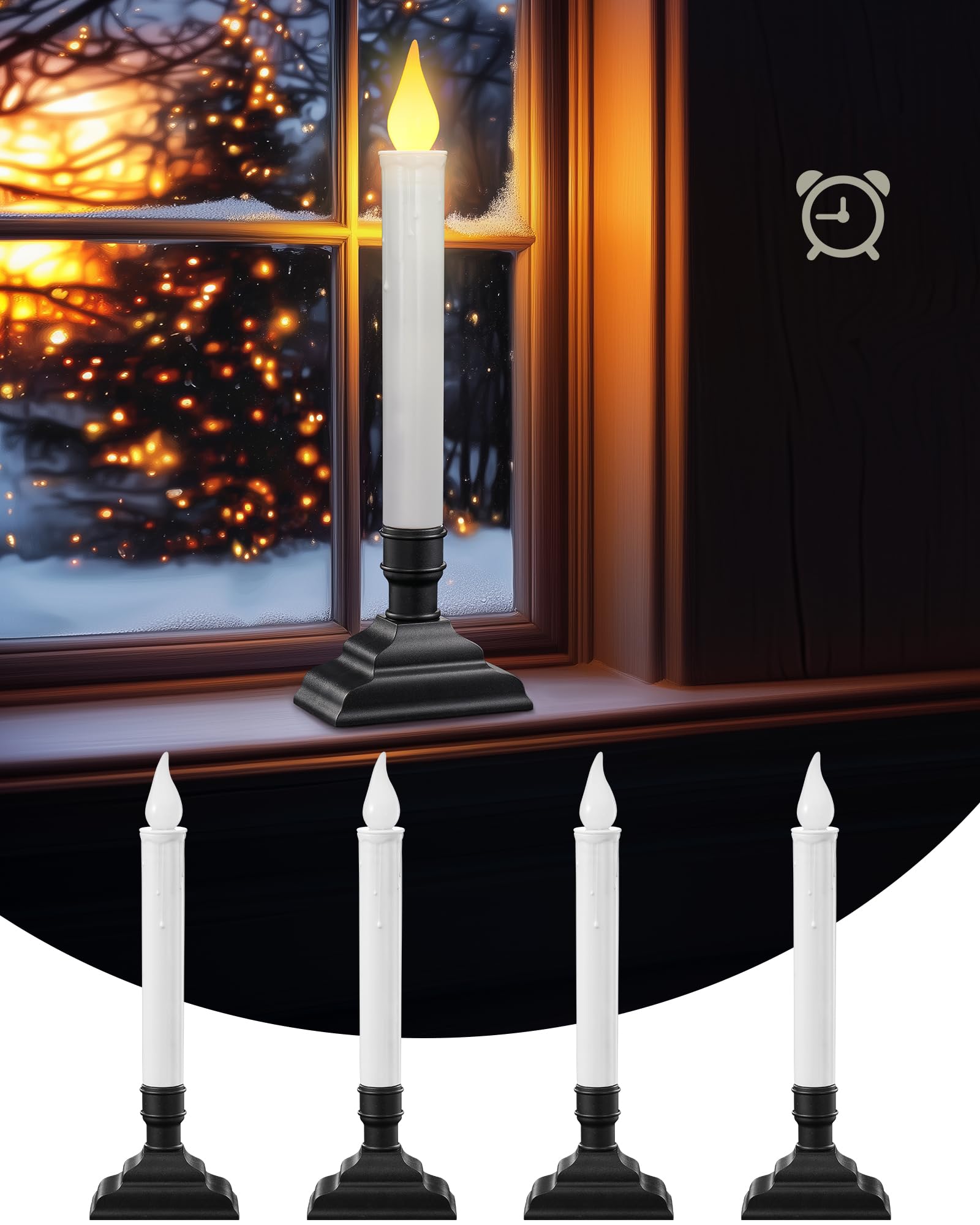 SURAIELEC 4 Pack Battery Operated Window Candles, 6H Timer Window Candle Lights with Removable Candle Holders, LED Christmas Candles for Window, Mantel, Dining Table, Festival Decor, Matte Black