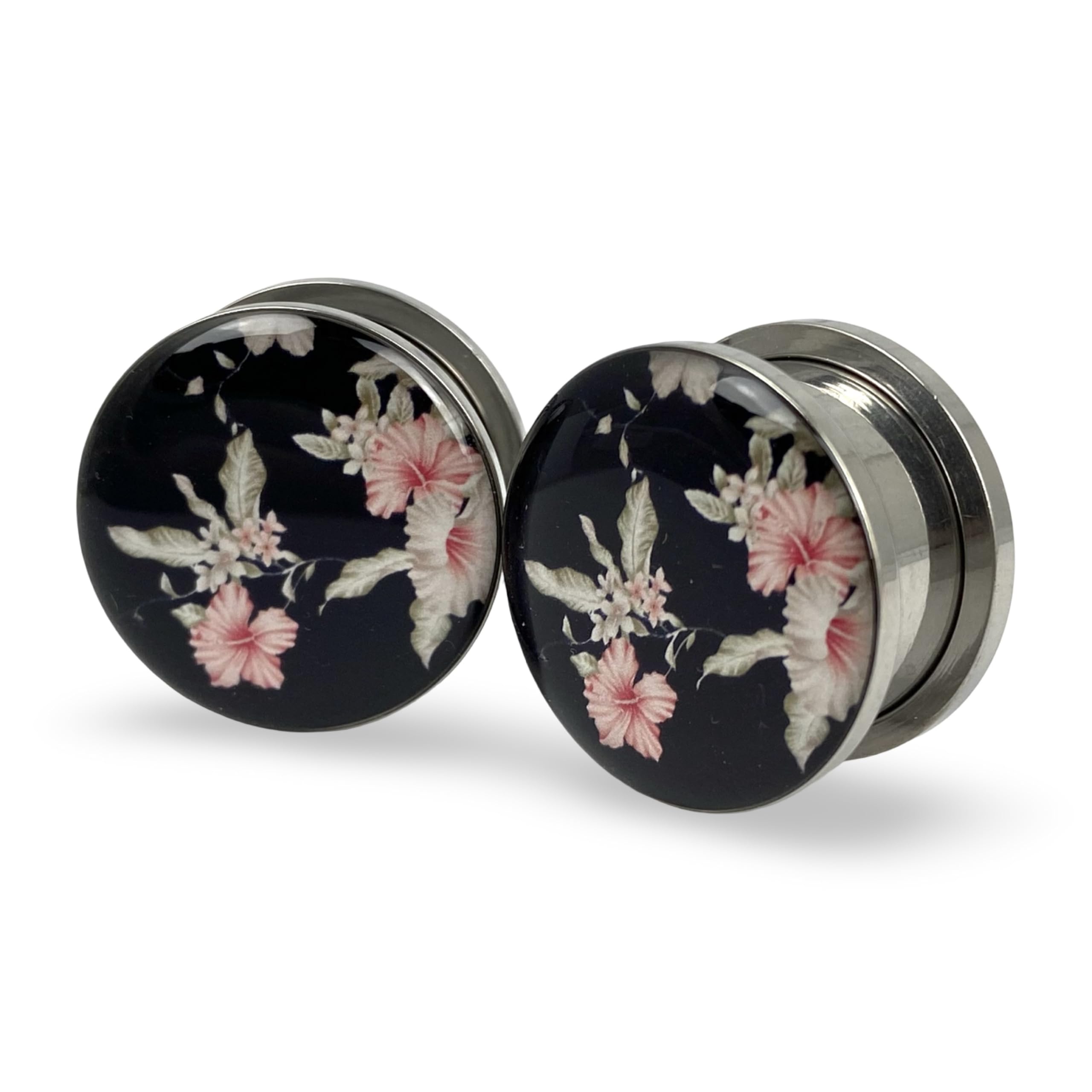 Mystic Metals Body Jewelry Screw on Plugs - Vintage Floral Style 5 Picture Plugs - Sold As a Pair
