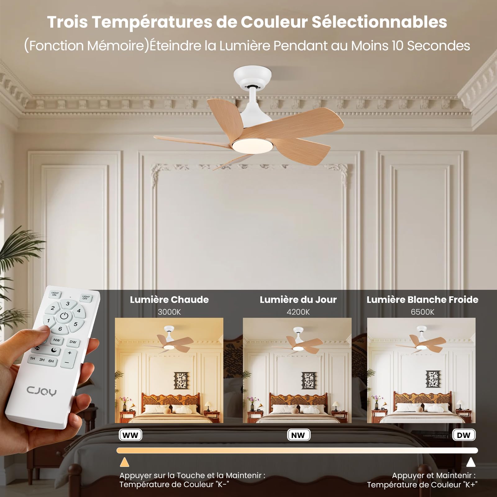 CJOY Ventilateur de Plafond, 76cm Ventilateur Plafond avec Lumiere | Telecommande, 6 Vitesse, Mémoire 3 CCT Dimmable, Silencieux Réversibles CC, Timer, Veille Mode, Grain Bois, Chambre à Coucher