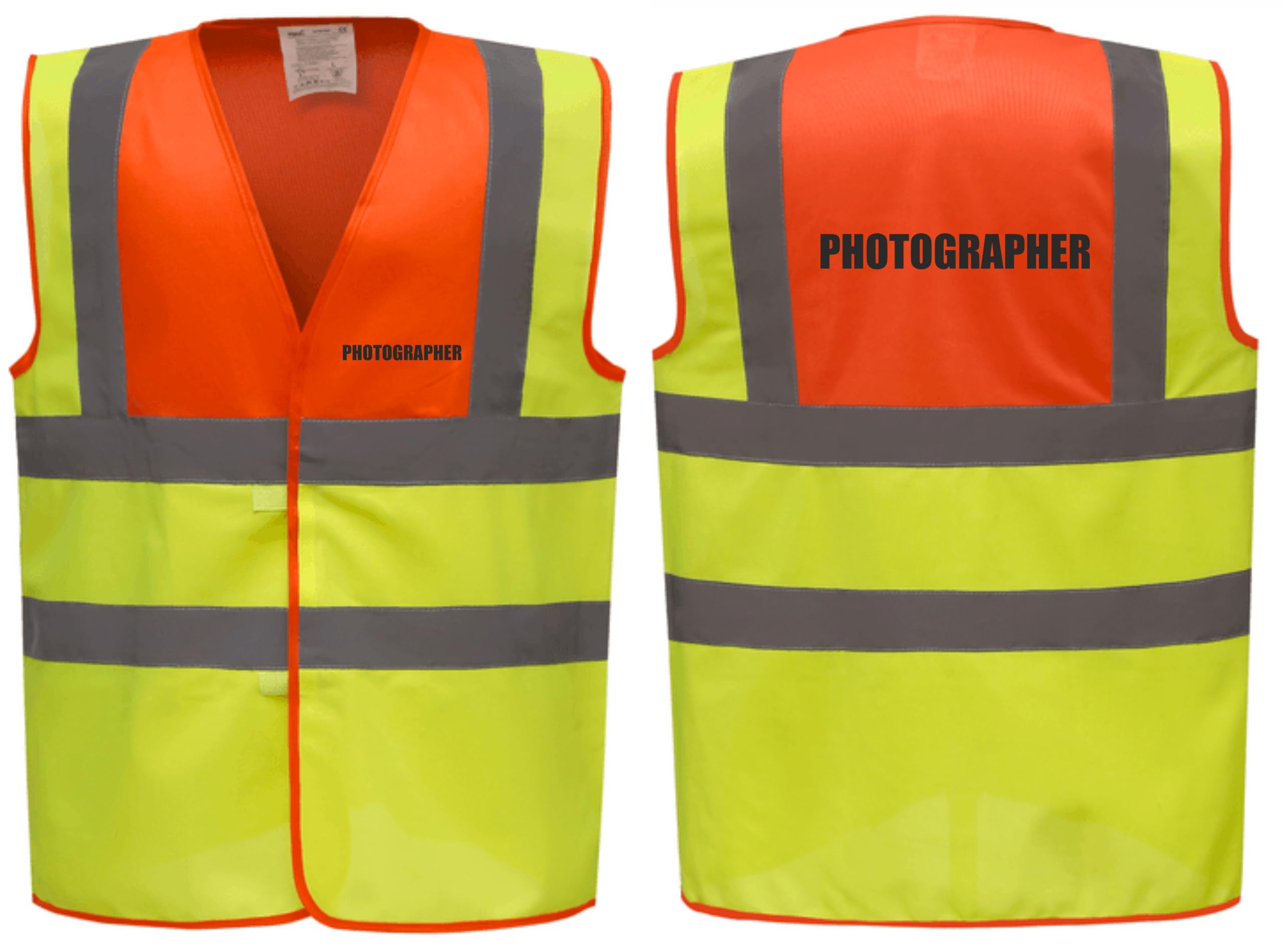 Brook Hi Vis Premium Two Tone Safety Vest - PHOTOGRAPHER Printed Front & Back, Event Management High Viz Waistcoat, Available 8 Colours Hi Vis Vest (Orange/Yellow, Large)