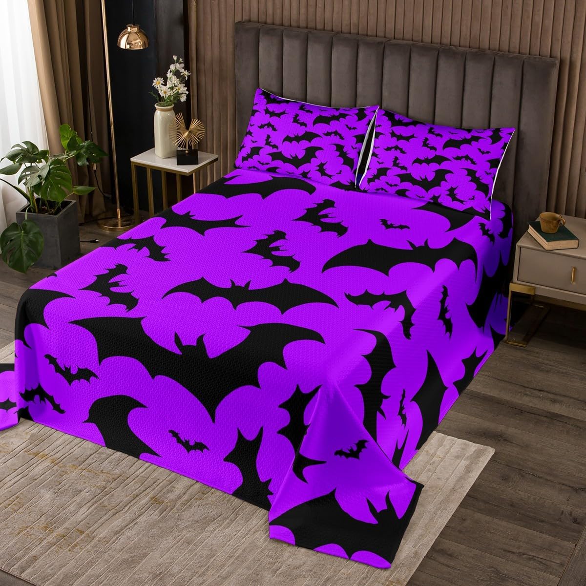 Erosebridal Bats Halloween Decoration - Black Purple Bat House Bedspread Coverlet Set,Horror Animal Gothic Spooky Shadows Pattern Quilted King Cartoon Silhouette Halloween Home Decor