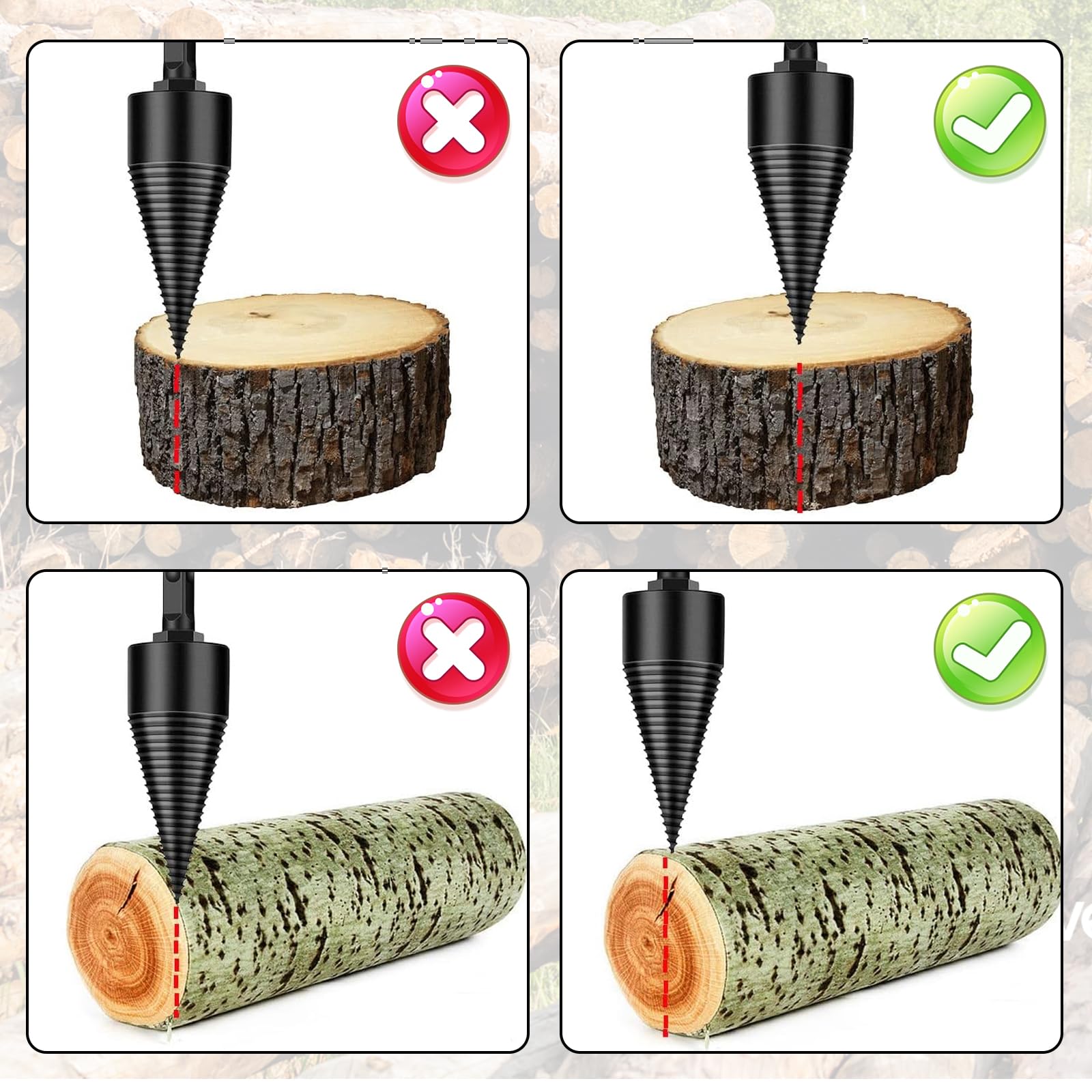32+42 Mm Astilladora de Troncos Broca Cónica,Divisor de Leña,Madera Dividida Divisor para Taladro con 5 Mangos y un par de Guantes