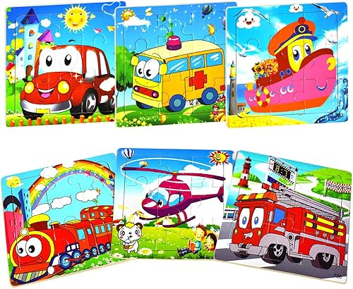 Rompecabezas de madera de animales y vehículos para niños de 2 a 5 años, 9 piezas de juguetes educativos vibrantes para niños pequeños, juego de 6