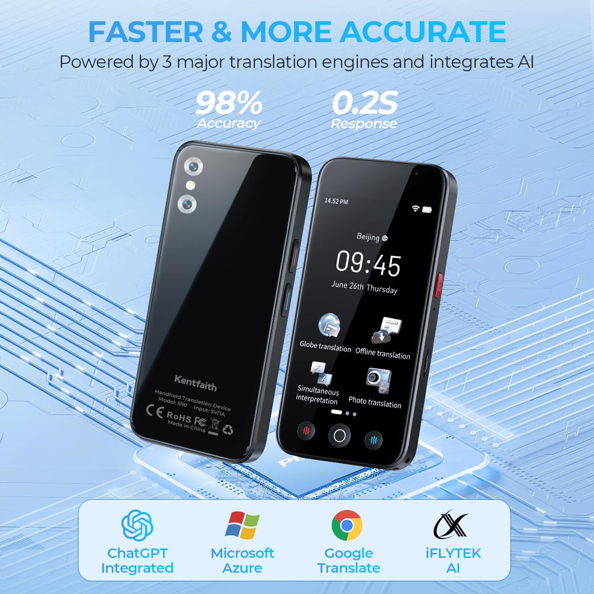 kentfaith Traduttore Vocale AI, 144 Lingue Online / 19 Offline, Traduzione Istantanea 0,2s, 98% Precisione, Touchscreen 5", Fotocamera 8MP, Foto/Testo/Voce, Viaggi/Studio/Affari -128G