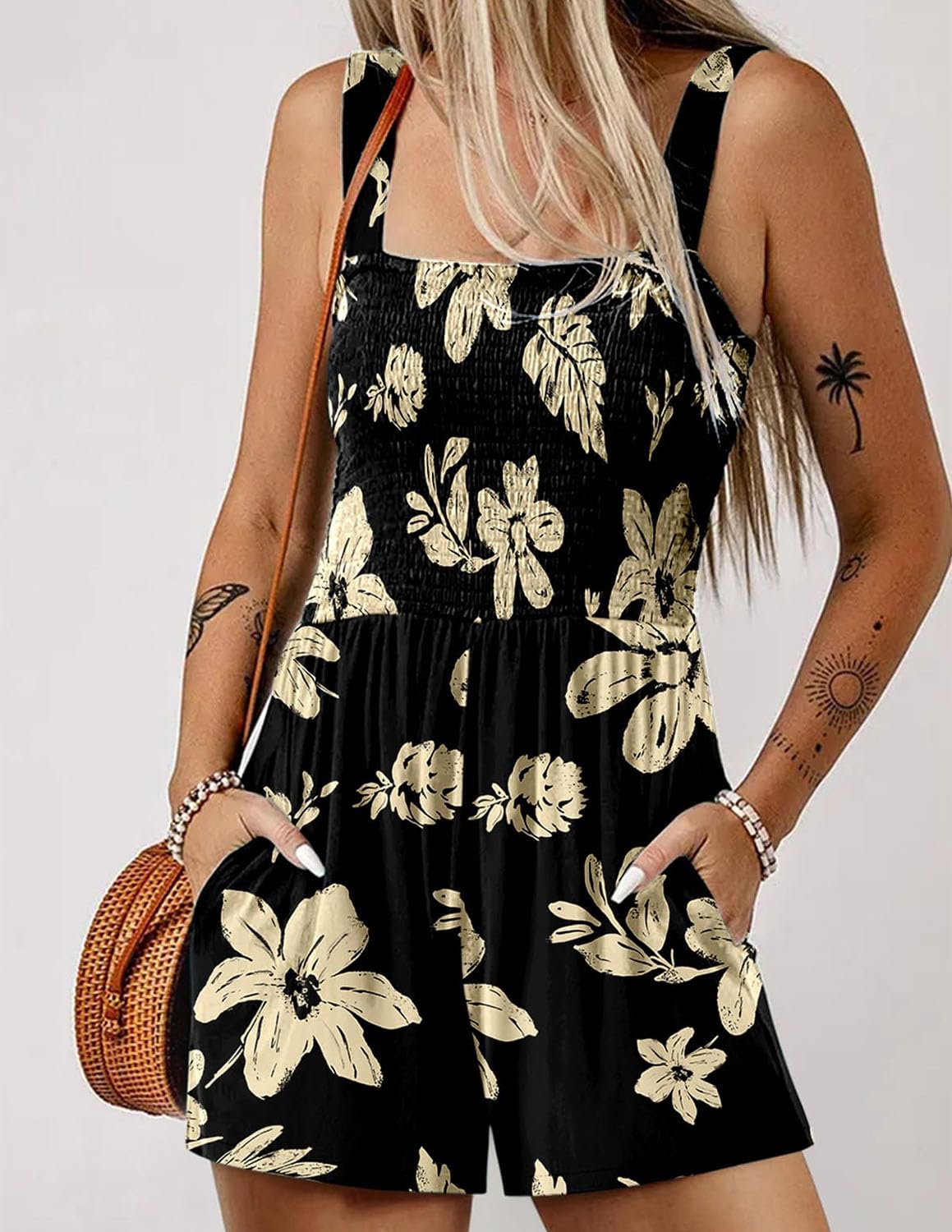 Combinaison Femme Ete Combishort Encolure Carrée sans Manches Courte Boheme Motif à Fleurs Jumpsuit avec Poche