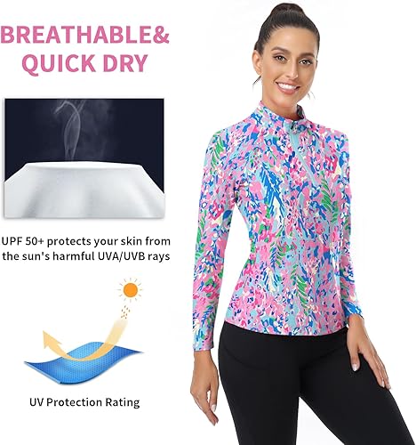 Miniatura 10 de WOWENY Camisetas deportivas de manga larga para mujer con cremallera de un cuarto cuello con estampado camiseta de tenis