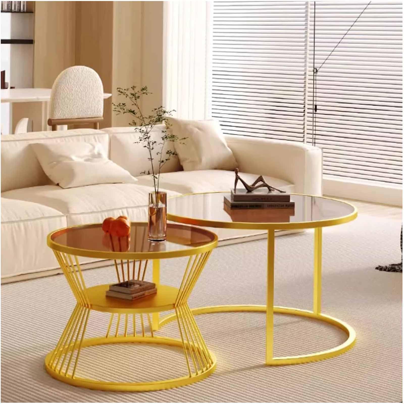 SXZenSpace Nesting Coffee Table Set of 2, 23.62" Round Glass End Side Tables with Storage Open Shelf for Living Room Bedroom Balcony Yard,Gold