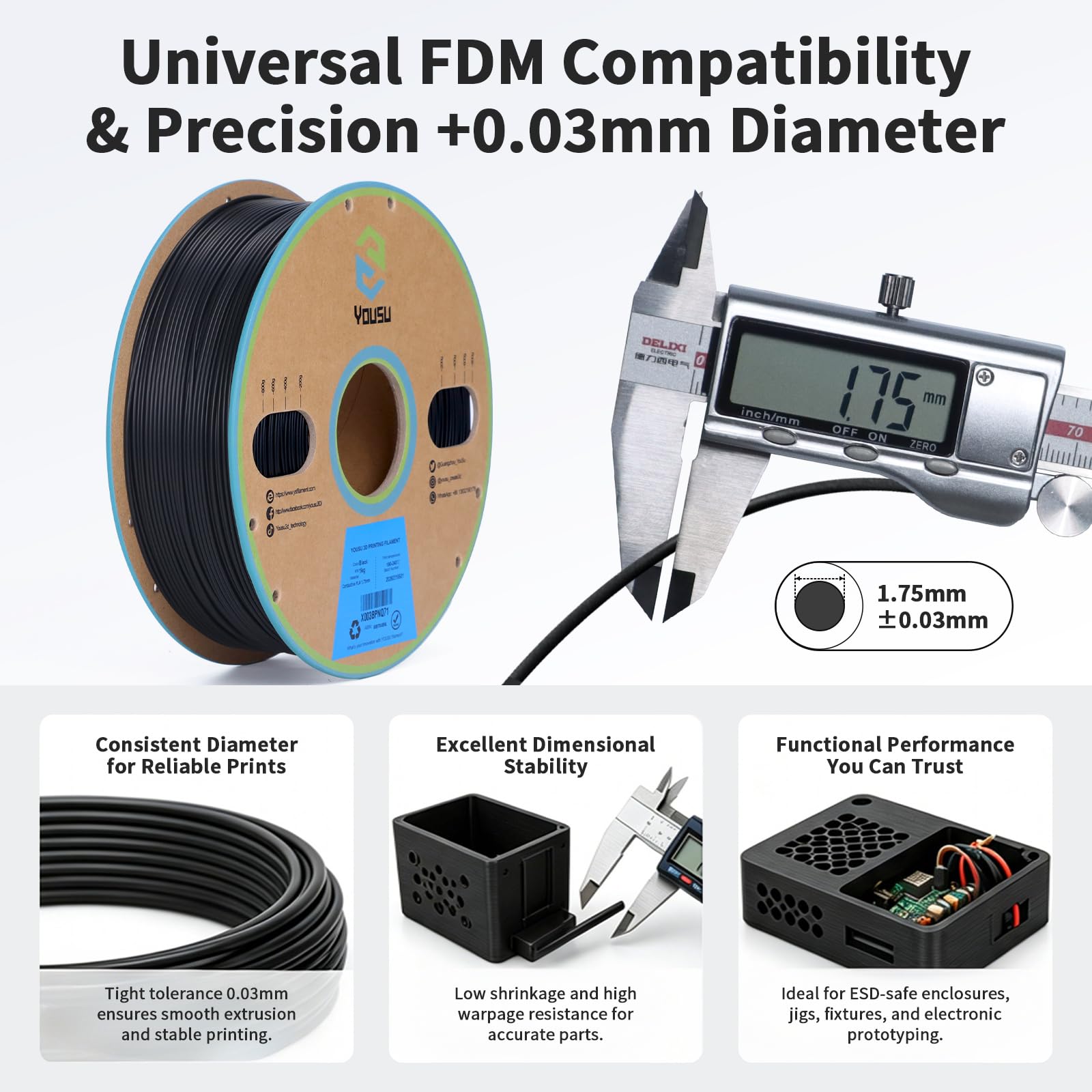YOUSU Filamento de PLA conductivo de 1,75 mm para impresora 3D y bolígrafo 3D, Precisión dimensional de +/-0,03 mm,1 kg/2.2lbs, PLA conductivo negro