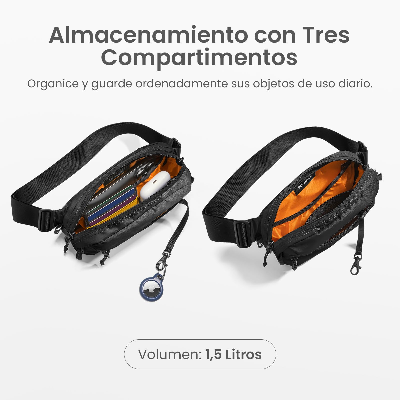 tomtoc 1,5 L Bolso Bandolera Sling Bag con Protección RFID, Riñonera Antirrobo Bolso Cruzado/Pecho Crossbody para Hombre y Mujer, Ligero y Resistente a Salpicaduras para Viajes y Uso Diario, Negra