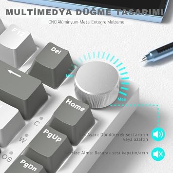 Coverzone Beyaz Işıklı Hot Swap Kablolu Mekanik Oyun Klavyesi | Ajazz AK820 Gri Beyaz - Kırmızı Switch