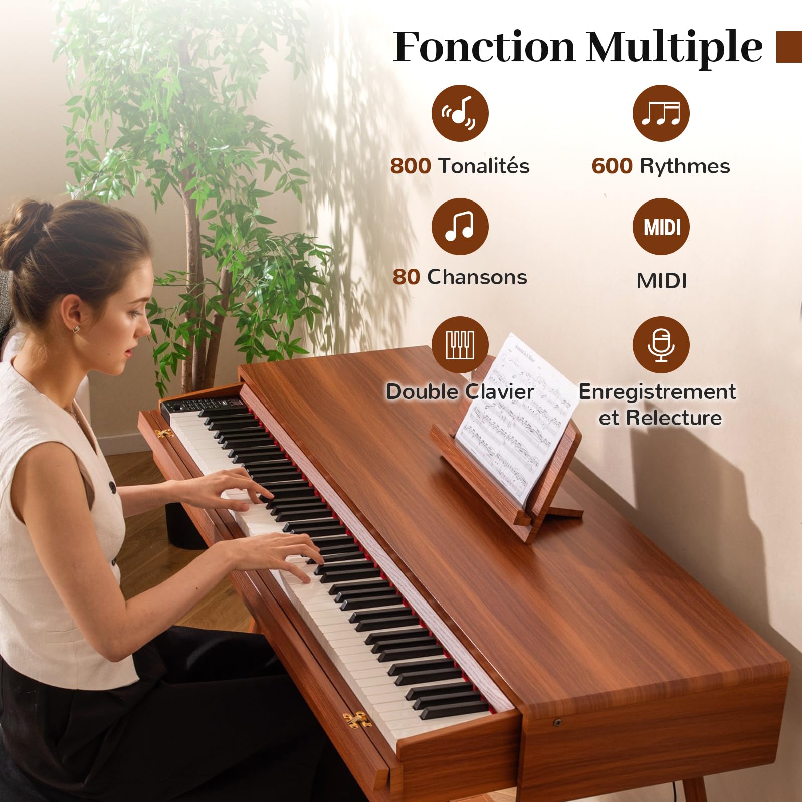 COSTWAY Piano Numérique 88 Touches avec Tiroir & Pupitre Amovible, Clavier Piano Électrique avec 3 Pédales & Enregistrement & Lecture, Haut-Parleurs, USB MIDI, 800 Tonalités pour Débutants