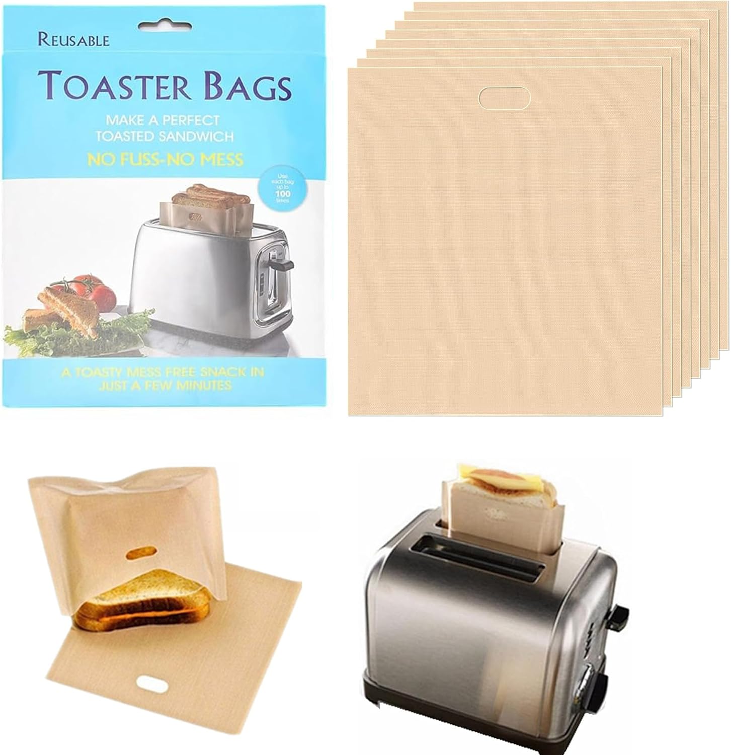 12 Pack Toaster Bags Reusable,7.5″x 6.7″Non Stick and Easy To Clean Toast Bags for Grilled Cheese Sandwiches Hot Dogs Chicken Fish Vegetables,Toast Bags for Toast Sandwich Panini Snacks (12)