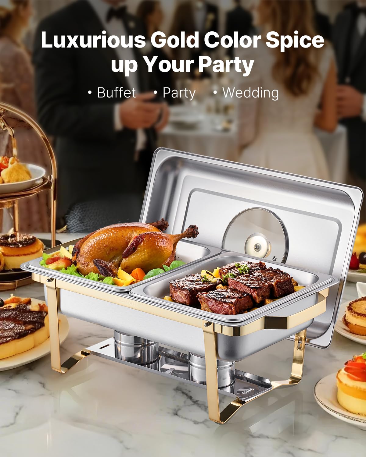 VEVOR Juego de Calentador de Alimentos Acero Inoxidable con 4 Recipientes Tamaño Medio(4 L Cada Uno), Rectangular, con Tapa Vidrio y Soporte a Bandeja de Agua y Depósito de Combustible, Dorado