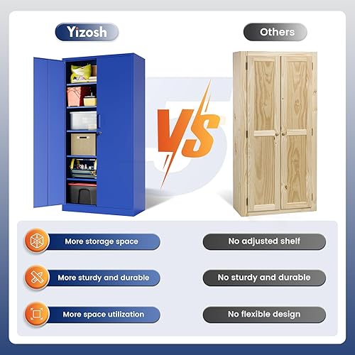 Miniatura 30 de Yizosh Armario de almacenamiento de metal para garaje con 2 puertas y 5 estantes ajustables, gabinete de archivo de acero con cerradura de 71 Negro
