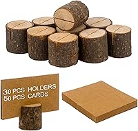 Vista 1 de Tarjeteros de madera, 30 soportes de madera rústica para números de mesa y 50 tarjetas de lugar de papel Kraft, soporte de madera para fotos