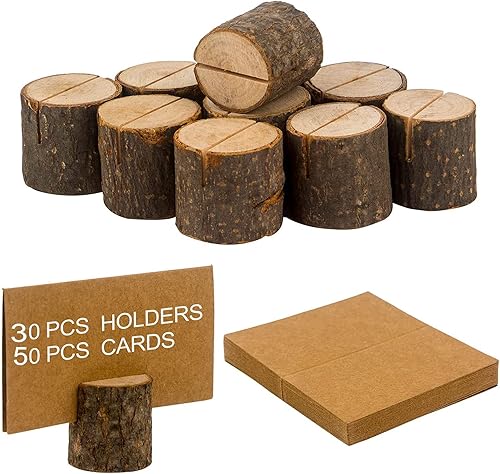 Tarjeteros de madera, 30 soportes de madera rústica para números de mesa y 50 tarjetas de lugar de papel Kraft, soporte de madera para fotos de