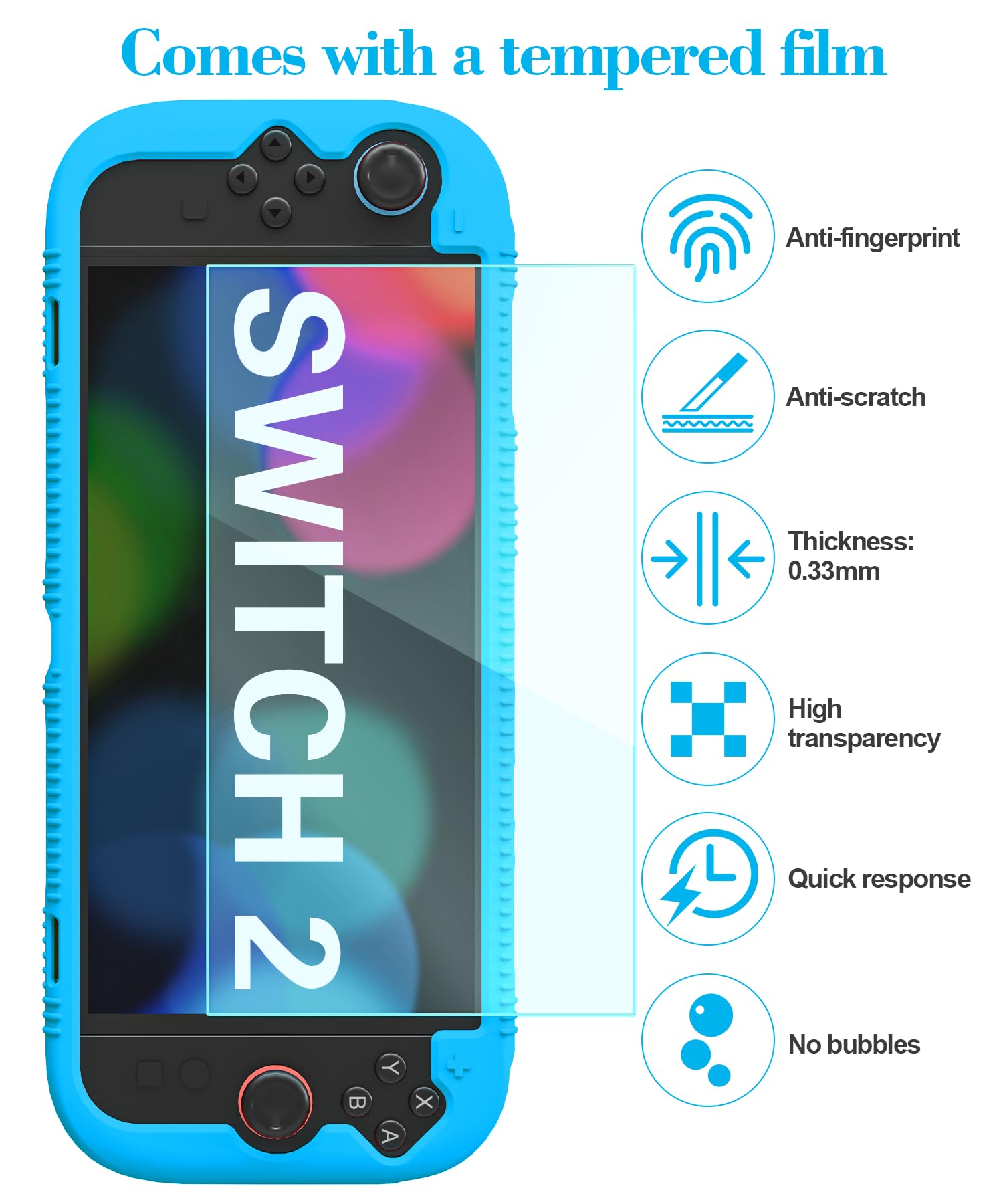 Teyomi Funda protectora de silicona compatible con Nintendo Switch 2, Carcasa para Nintendo Switch 2 con protector de pantalla de vidrio templado, Estuche con agarre ergonómico (Azul) — view 6