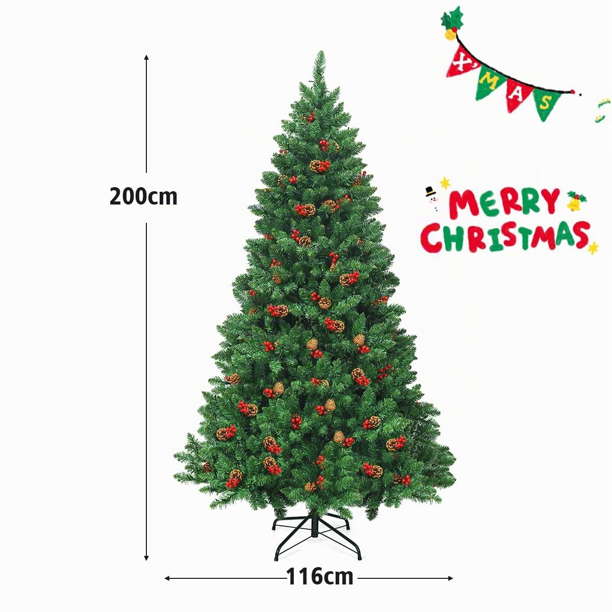 RELAX4LIFE 200 cm Künstlicher Weihnachtsbaum mit Beleuchtung, Tannenbaum mit 450 warmweißen LED-Lichtern & Tannenzapfen & rote Beeren, Schnellaufbau Klappsystem, Christbaum für Zuhause & Büro, Grün